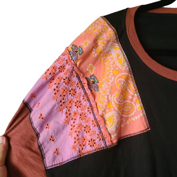 Free People Feelin’ It Embroidered Patchwork Top | Black & Brown | Boho Chic M - Picture 7 of 13